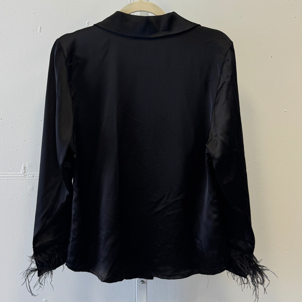 Juicy Couture Black Satin Feather Trim Pajama Top Rhinestone JC Logo Mens Small - Picture 2 of 12